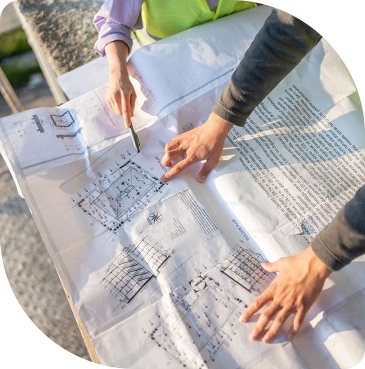 Menschen zeigen mit Fingern auf Baupläne